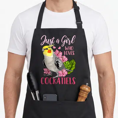 Funny cockatiel lover apron - Cartoon cockatiel with pink hibiscus flowers and text Just a Girl Who Loves Cockatiels — shown on a black cotton canvas apron against a white background