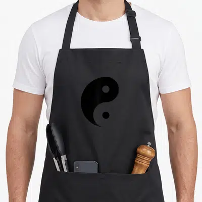 Yin tai chi apron - Centered black yin yang symbol on a black background — shown on a black cotton canvas apron against a white background