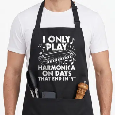Play harmonica apron - White distressed harmonica with musical notes and text reading I Only Play Harmonica On Days — shown on a black cotton canvas apron against a white background