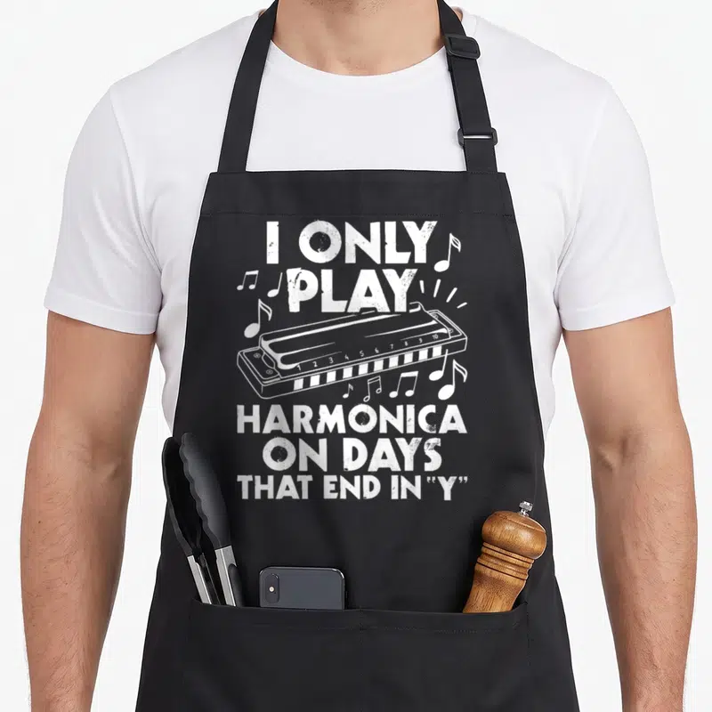 Play harmonica apron - White distressed harmonica with musical notes and text reading I Only Play Harmonica On Days — shown on a black cotton canvas apron against a white background
