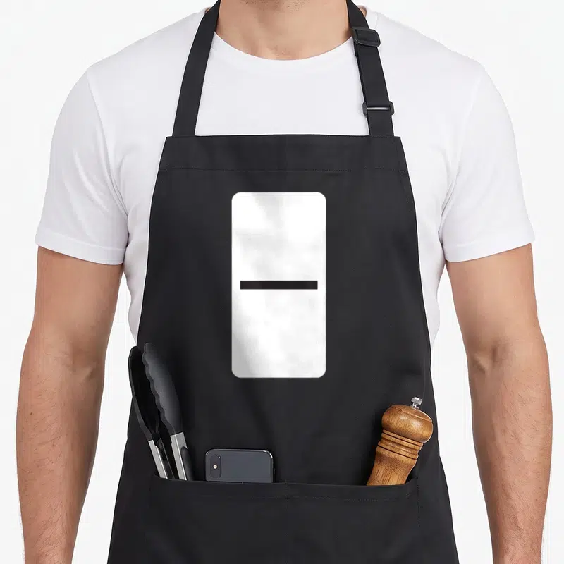 Double blank apron - White domino tile with a single centered black horizontal line — shown on a black cotton canvas apron against a white background