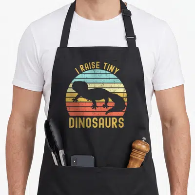 Tiny dinosaur leopard apron - Grey lizard silhouette over striped yellow orange red teal sun with arched text — shown on a black cotton canvas apron against a white background