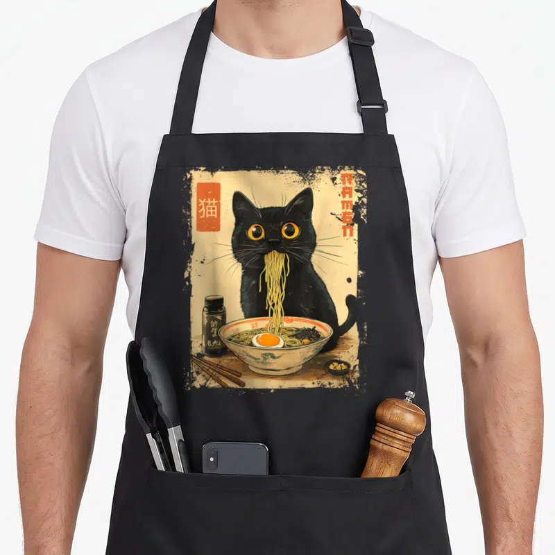 Fan cat apron - Black cat slurping noodles next to vertical RAMEN text and red kanji stamp — shown on a black cotton canvas apron against a white background