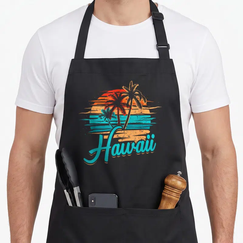 Tropical kitchen island apron - Retro Hawaii script with three palm trees against striped teal orange red yellow sun — shown on a black cotton canvas apron against a white background