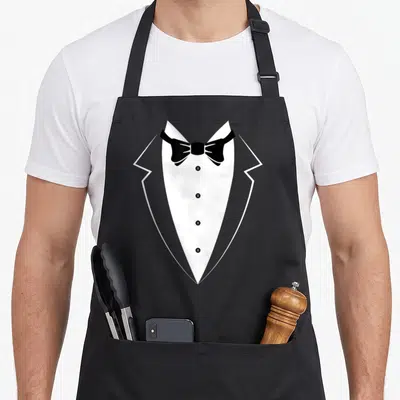 Tuxedo bow apron - Minimalist black and white tuxedo jacket outline with bow tie and four vertical buttons — shown on a black cotton canvas apron against a white background
