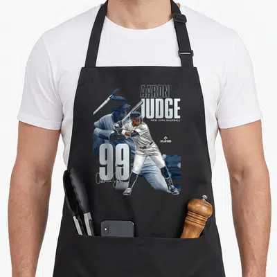 Mlbaju304n new york apron - Aaron Judge baseball player silhouette with number 99 and New York Baseball text in blue — shown on a black cotton canvas apron against a white background