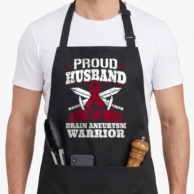 Proud husband apron - Red ribbon over crossed swords with Proud Husband Brain Aneurysm Warrior text — shown on a black cotton canvas apron against a white background