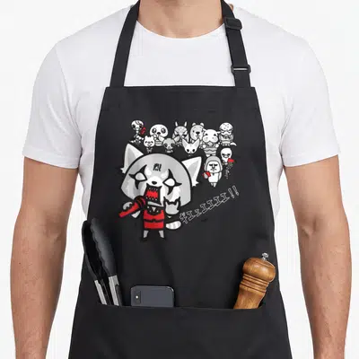 Rage karaoke apron - Fox character holding red mic with Japanese text and lightning bolts — shown on a black cotton canvas apron against a white background
