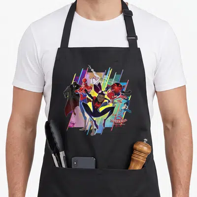 Spiderverse colorful apron - Six spider-people in action poses over colorful lines with bottom right title text — shown on a black cotton canvas apron against a white background