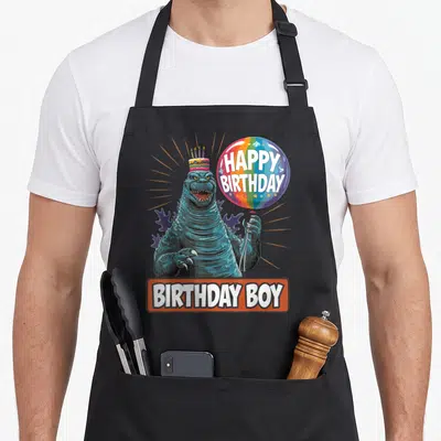 Kaiju birthday apron - Teal kaiju monster with cake hat holding rainbow happy birthday balloon and birthday boy text — shown on a black cotton canvas apron against a white background