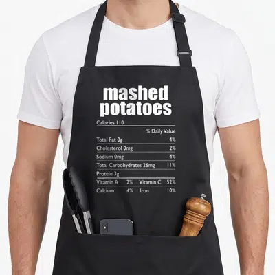 Fact christmas apron - White typography mimicking a nutrition label listing calories and vitamins for mashed potatoes — shown on a black cotton canvas apron against a white background