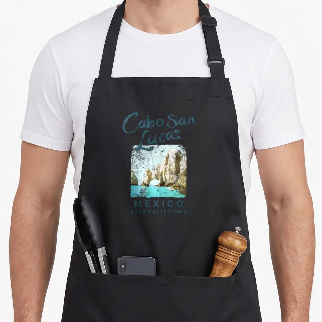 San lucas mexico apron - Cabo San Lucas rock arch photo with Mexico text in blue-grey and turquoise — shown on a black cotton canvas apron against a white background