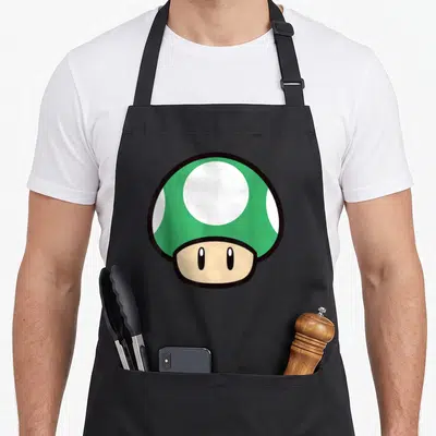 Funny mushroom apron - Green cartoon mushroom with white spots and beige stem — shown on a black cotton canvas apron against a white background
