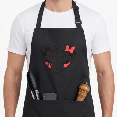 Funny hand novelty apron - Mickey and Minnie Mouse forming a heart shape with their four hands — shown on a black cotton canvas apron against a white background