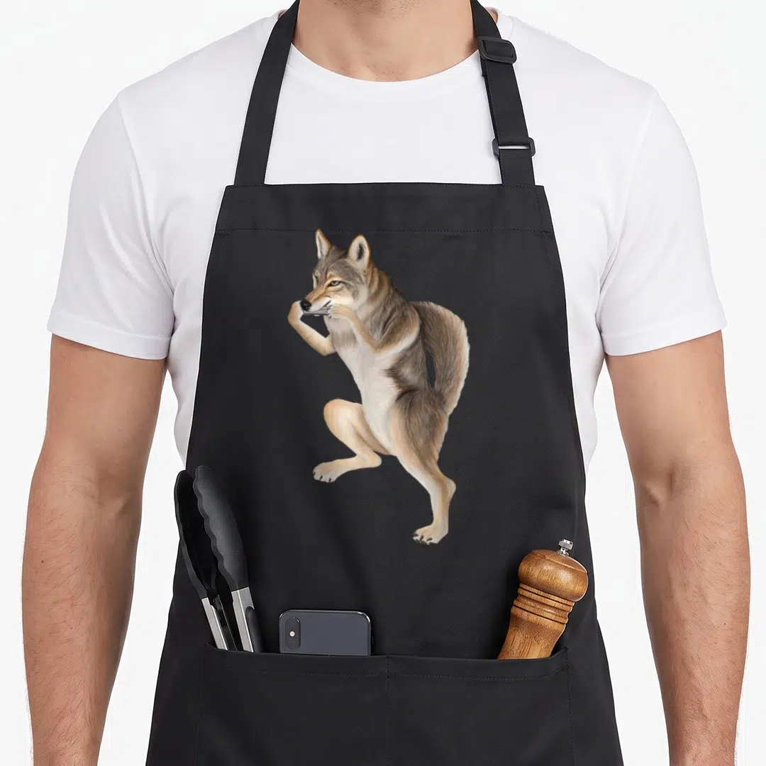 Coyote harmonica apron - Realistic wolf standing and playing harmonica held in paws with brown and grey fur — shown on a black cotton canvas apron against a white background