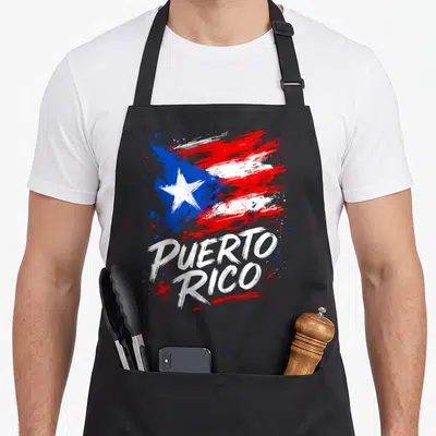 Boricua hispanic aprons - Distressed brush stroke Puerto Rican flag with white PUERTO RICO text below — shown on a black cotton canvas apron against a white background