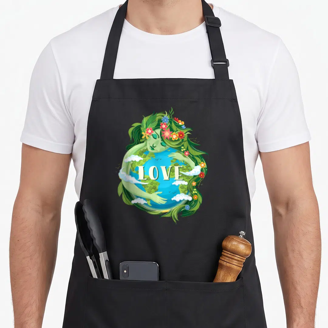 Earth mother's day aprons - Green figure with floral hair hugging globe with LOVE text — shown on a black cotton canvas apron against a white background