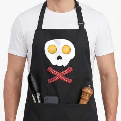 Bacon egg apron - White skull with yellow eyes and crossed red bacon strips in cartoon style — shown on a black cotton canvas apron against a white background