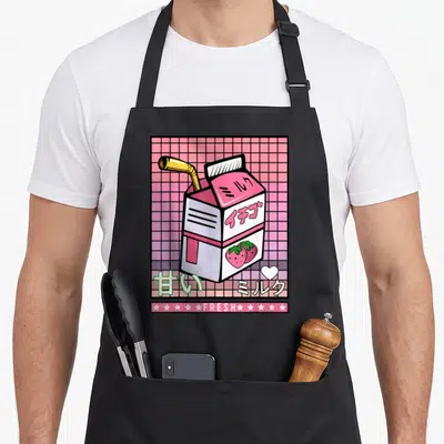 Otaku milk aprons - Japanese strawberry milk carton with pink grid and FRESH banner — shown on a black cotton canvas apron against a white background