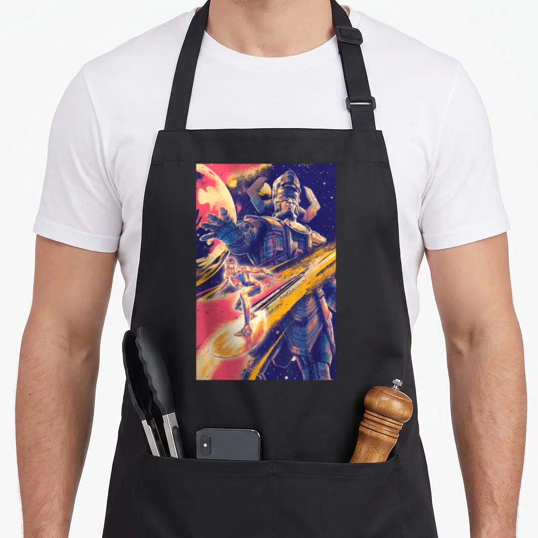Galactus first steps apron - Giant robot and surfer in retro blue yellow red purple space art — shown on a black cotton canvas apron against a white background