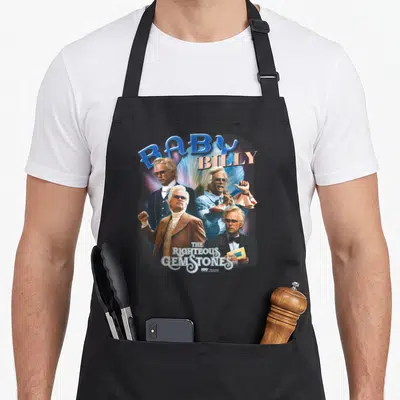 Righteous billy apron - Three photos of Baby Billy with blue BABY BILLY text and white THE RIGHTEOUS GEMSTONES logo — shown on a black cotton canvas apron against a white background