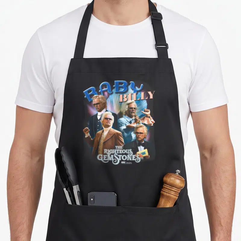 Righteous billy apron - Three photos of Baby Billy with blue BABY BILLY text and white THE RIGHTEOUS GEMSTONES logo — shown on a black cotton canvas apron against a white background