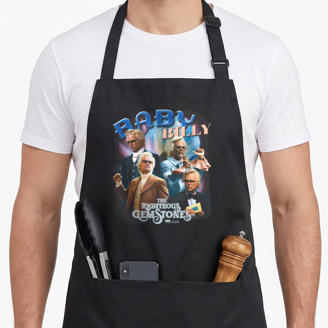 Righteous billy apron - Three photos of Baby Billy with blue BABY BILLY text and white THE RIGHTEOUS GEMSTONES logo — shown on a black cotton canvas apron against a white background