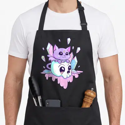 Kawaii kitty cat apron - Purple cat sitting on skull with crystals and pink slime in cartoon style — shown on a black cotton canvas apron against a white background