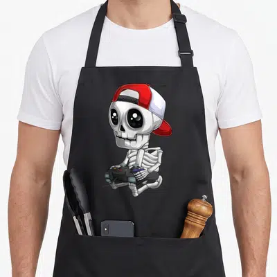 Video gamer halloween apron - Cartoon skeleton in red cap sitting with black game controller — shown on a black cotton canvas apron against a white background