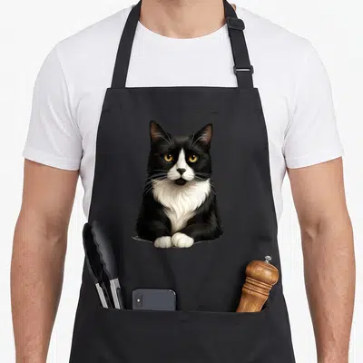 Cat tuxedo apron for men - Realistic black and white cat illustration with yellow eyes sitting centrally — shown on a black cotton canvas apron against a white background