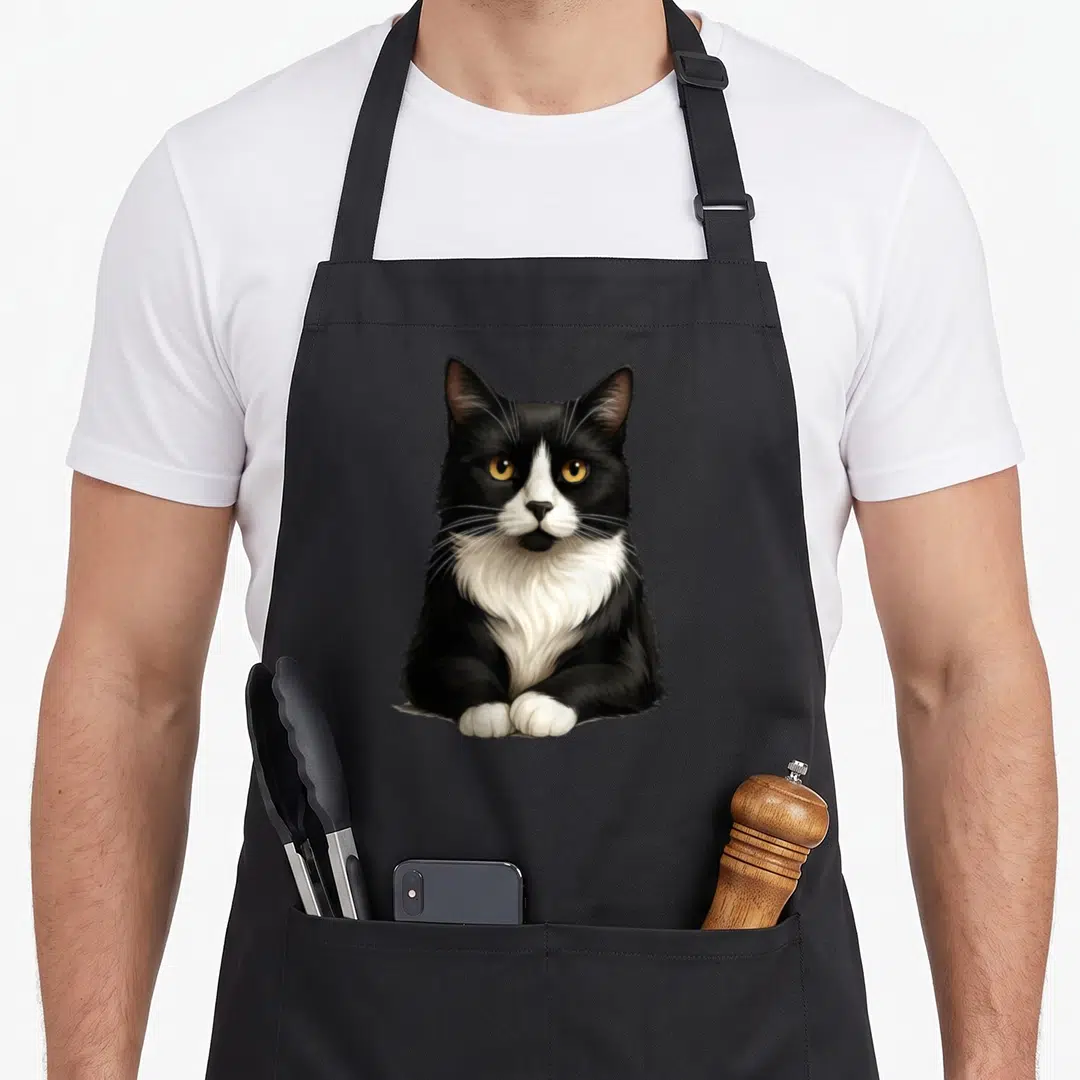 Cat tuxedo apron for men - Realistic black and white cat illustration with yellow eyes sitting centrally — shown on a black cotton canvas apron against a white background