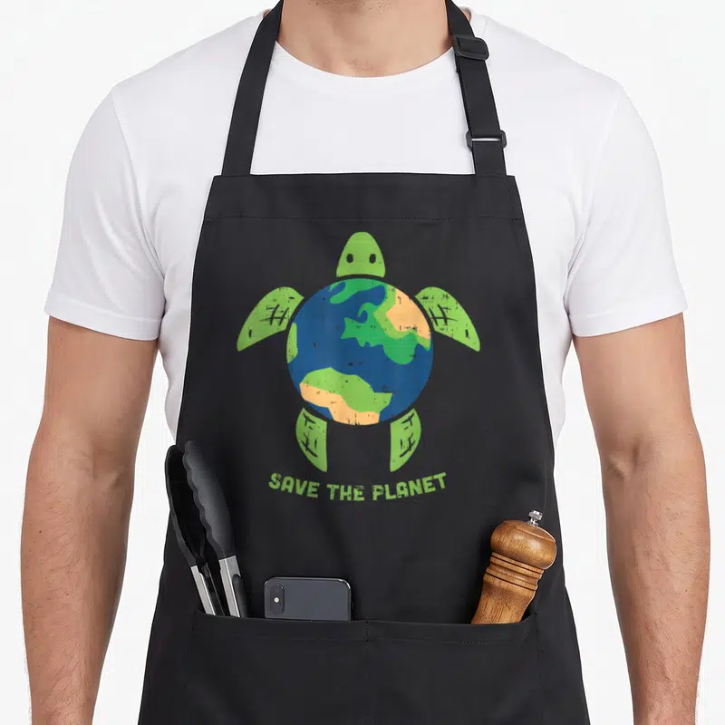 Save ecology apron - Turtle with blue and tan Earth shell and green SAVE THE PLANET text — shown on a black cotton canvas apron against a white background