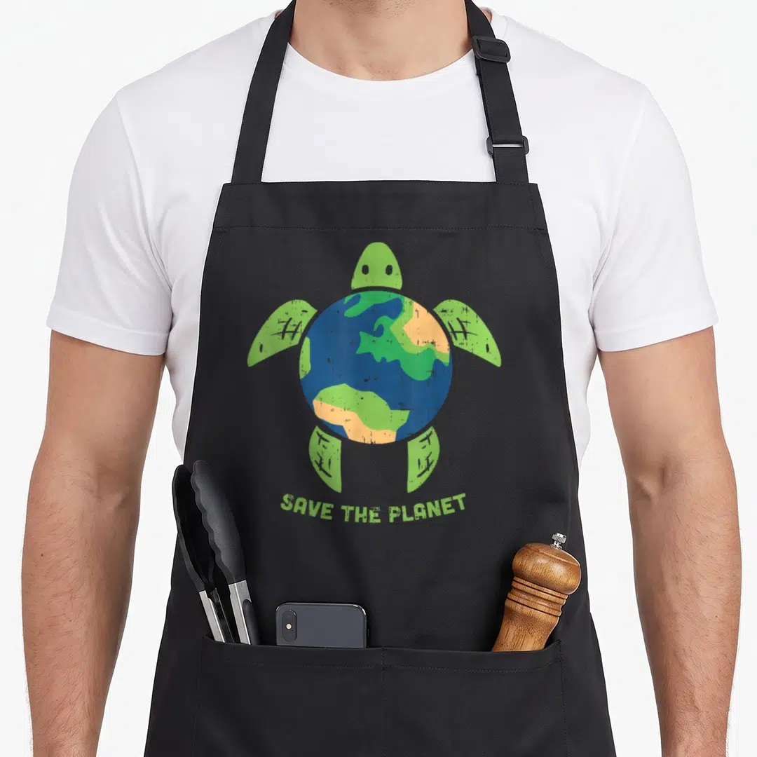 Save ecology apron - Turtle with blue and tan Earth shell and green SAVE THE PLANET text — shown on a black cotton canvas apron against a white background