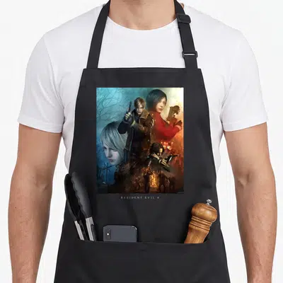 Edition resident apron - Realistic Resident Evil 4 character collage with Leon, Ada, Ashley, Luis, zombies, and fire — shown on a black cotton canvas apron against a white background