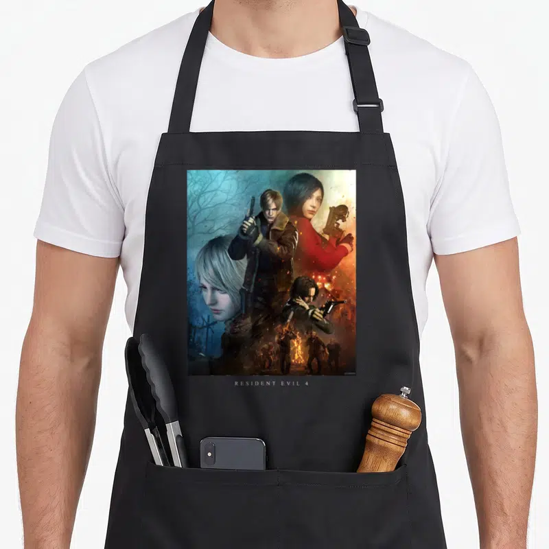 Edition resident apron - Realistic Resident Evil 4 character collage with Leon, Ada, Ashley, Luis, zombies, and fire — shown on a black cotton canvas apron against a white background