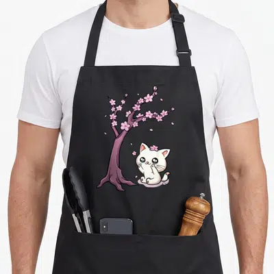 Kawaii cherry print apron - White cartoon cat sitting near purple cherry tree with pink petals — shown on a black cotton canvas apron against a white background