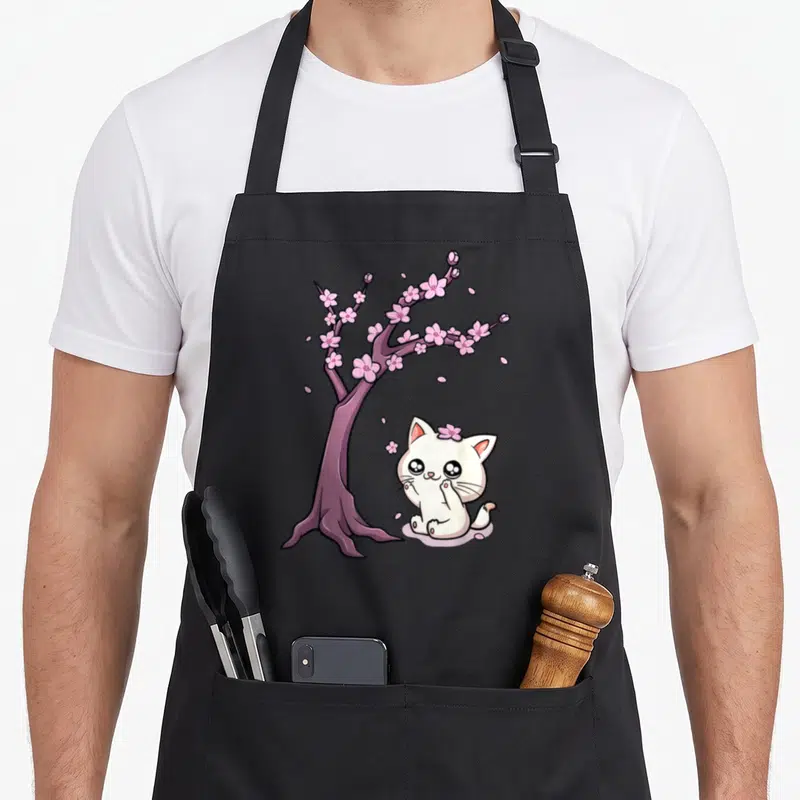 Kawaii cherry print apron - White cartoon cat sitting near purple cherry tree with pink petals — shown on a black cotton canvas apron against a white background