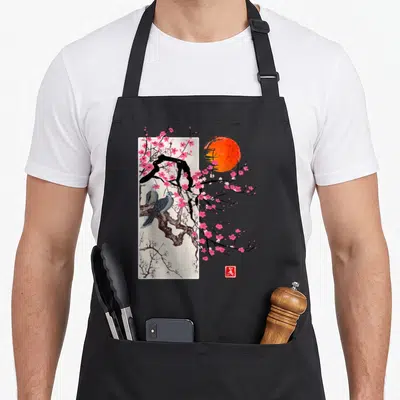 Scenery cherry print apron - Two grey birds on pink blossom branch with orange sun and red seal on off-white panel — shown on a black cotton canvas apron against a white background