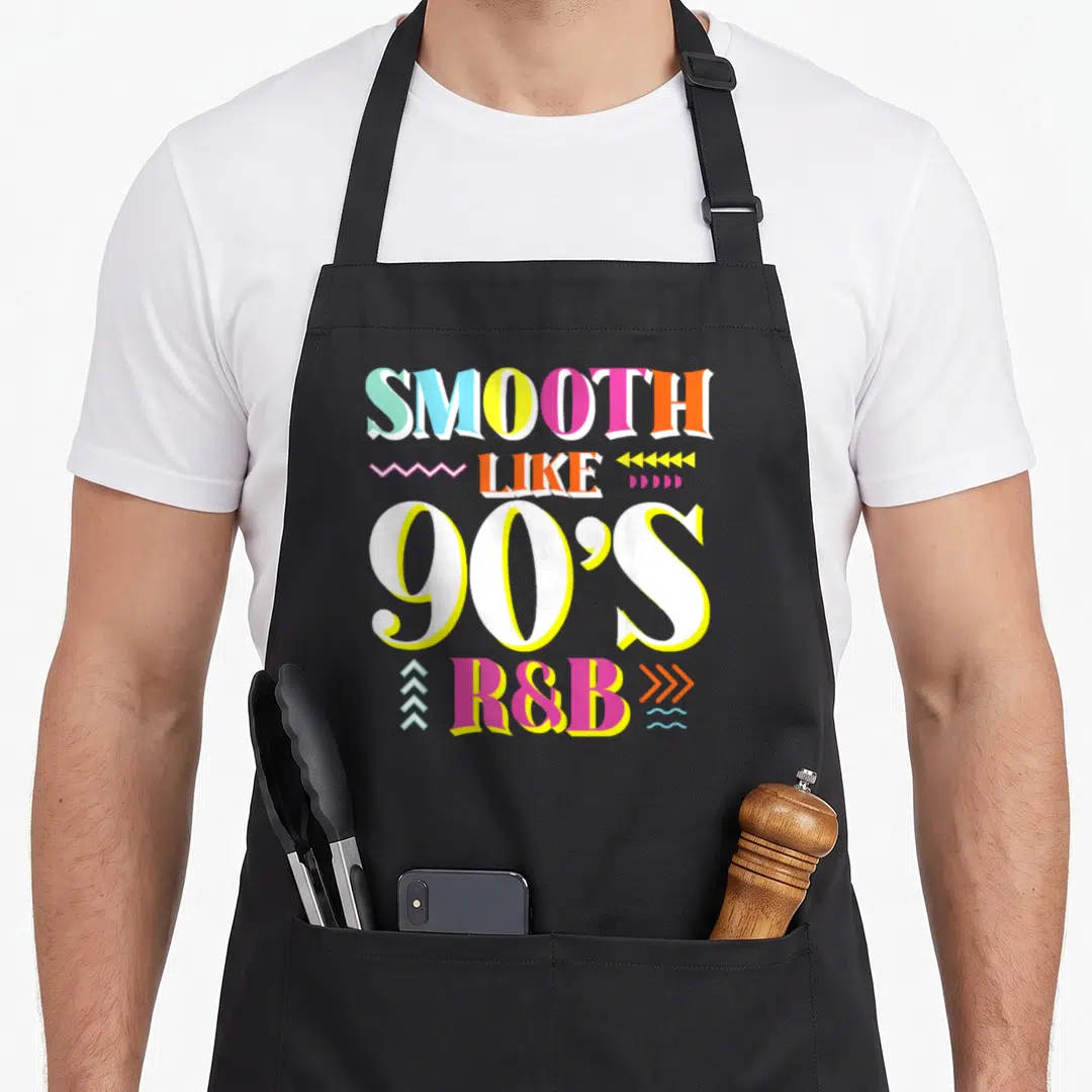 Smooth r aprons - Colorful typography reading smooth like 90s r&b with geometric zigzag and wave accents — shown on a black cotton canvas apron against a white background