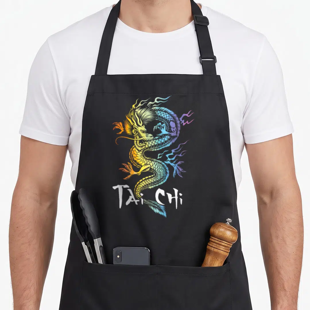Spiritual chicha apron - Coiled rainbow dragon with white TAI CHI text at bottom — shown on a black cotton canvas apron against a white background