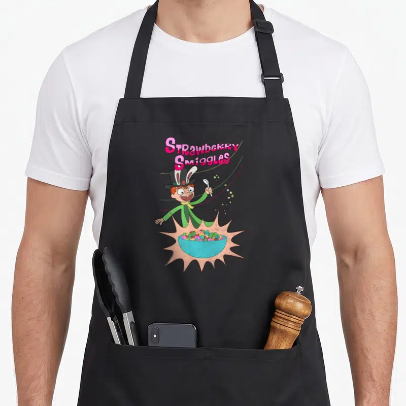 Strawberry cartoon apron - Pink Strawberry Smiggles text, green boy with spoon, blue bowl, peach starburst — shown on a black cotton canvas apron against a white background