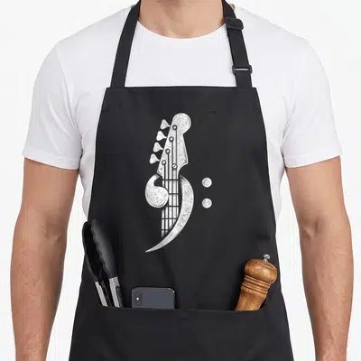 Cleff bass apron - White line art of a bass guitar headstock forming a bass clef symbol next to two dots — shown on a black cotton canvas apron against a white background