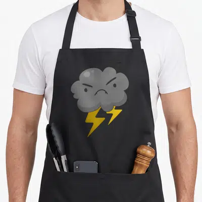 Angry thunderstorms apron - Grey cartoon storm cloud with angry face and two yellow lightning bolts — shown on a black cotton canvas apron against a white background