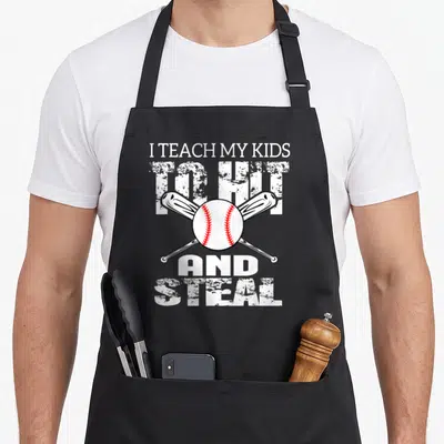 Steal baseball apron - Distressed text I Teach My Kids To Hit And Steal over baseball and two crossed bats — shown on a black cotton canvas apron against a white background