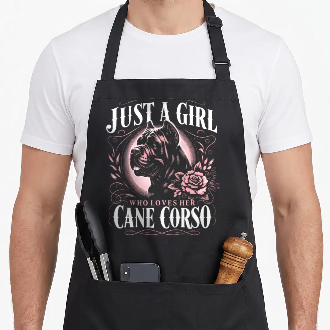 Corso dog cane apron - Cane Corso head in pink circle with rose and text Just A Girl Who Loves Her Cane Corso — shown on a black cotton canvas apron against a white background
