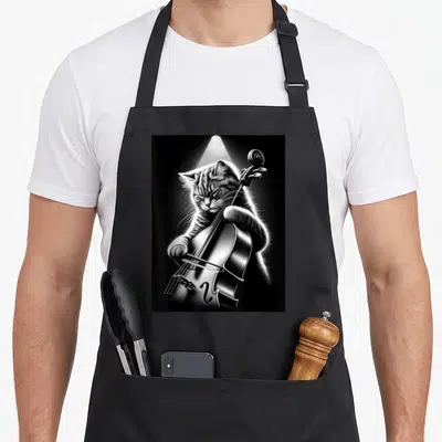 Playing cello apron - Realistic black and white cat hugging a cello under a spotlight — shown on a black cotton canvas apron against a white background