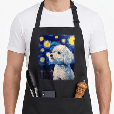 Painting dog apron - White Bichon Frise portrait against swirling blue and yellow starry night sky art — shown on a black cotton canvas apron against a white background