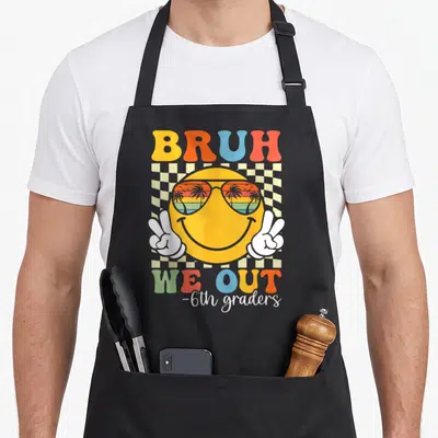 6th bruh grade apron - Retro smiley face sunglasses peace signs BRUH WE OUT 6th graders text checkered background — shown on a black cotton canvas apron against a white background