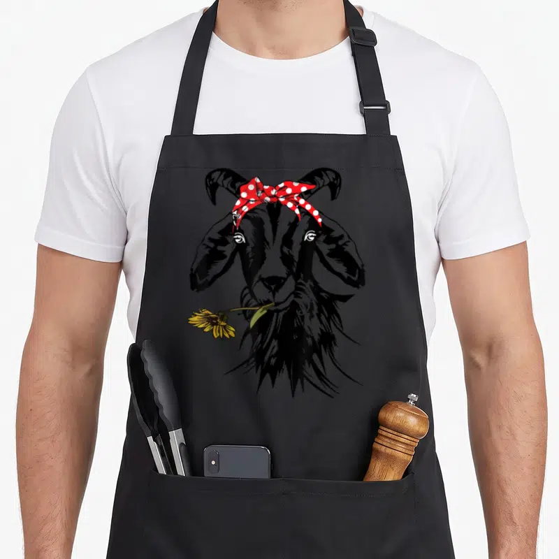 Goat farm aprons - Cartoon black goat head with red polka dot bandana and yellow sunflower in mouth — shown on a black cotton canvas apron against a white background