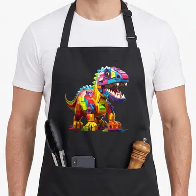 Play grill master apron - Cartoon dinosaur made of blue red yellow green and purple toy blocks standing among loose — shown on a black cotton canvas apron against a white background